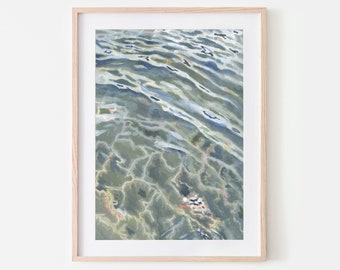 May include: A framed painting of a close-up of rippling water with a light blue, green, and white color scheme.