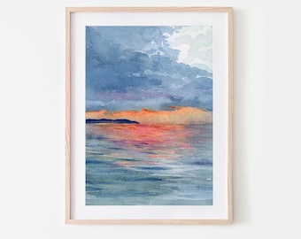 May include: A watercolor painting of a seascape with a dramatic sky. The sky is a mix of blue and gray with a hint of pink. The water is a deep blue with a reflection of the sky. The horizon is a thin line of land in the distance.