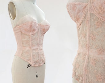 vintage 1950s merry widow corset / bra bustier top lingerie / overbust longline cinch bra waist / embroidered sheer pink hourglass victorian