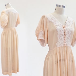 vintage 1930s 30s silk chiffon gown / puff sleeve balloon lace up antique dress / peach pink satin white cream / 1940s 40s sheer see through