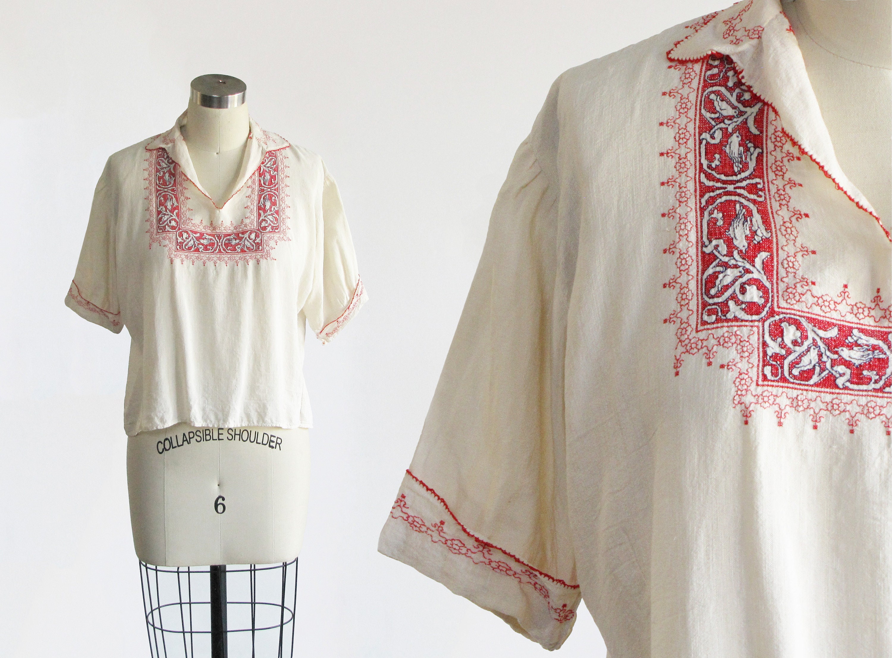 RARE Vintage 1920s Embroidered Peasant Blouse / 1910s