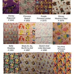 May include: A collage of 10 different fabric designs featuring various Disney princesses. Each fabric square has a different princess theme and a corresponding number. The fabrics are all colorful and feature a variety of patterns.