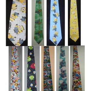May include: Ten different neckties featuring cartoon characters. The ties are all made of fabric and have a variety of colours and patterns. The characters include Minions, Angry Birds, Stitch, and Tsum Tsum.
