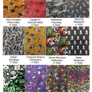 May include: A collage of ten different Halloween fabric designs. The designs include pumpkins, bats, skeletons, ghosts, and other Halloween characters. The fabrics are all in various colors, including black, orange, purple, and green.