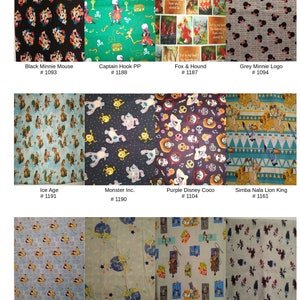 May include: A collage of 12 different fabric swatches featuring various Disney characters and themes. The swatches are arranged in a grid of four rows and three columns. Each swatch has a label with the name of the character or theme and a number. The swatches include characters such as Mickey Mouse, Captain Hook, Fox and Hound, Simba, and Mulan.