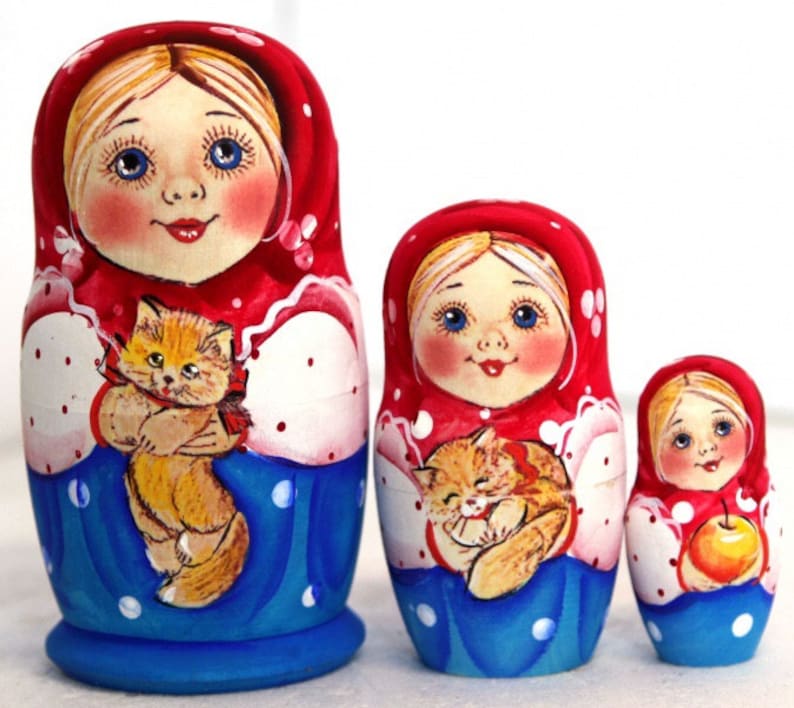 Matryoshka Nesting Dolls Girl With Cat 3 Psc Wood Doll Etsy
