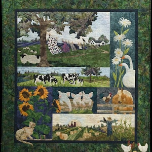 May include: A colorful patchwork quilt hangs on a clothesline in a rural scene with a white farmhouse, cows, sheep, pigs, a horse, sunflowers, a cat, a scarecrow, and chickens.