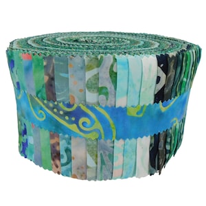 May include: A roll of fabric featuring a variety of blue and green batik prints. The fabric is rolled up and tied with a blue and green batik ribbon.