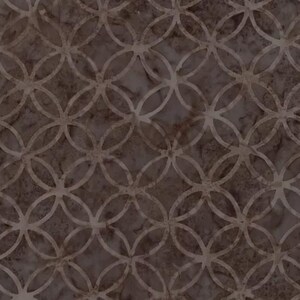 May include: A fabric featuring a repeating geometric pattern of interlocking circles in a light beige color against a dark brown, mottled background. The design creates a series of four-pointed star shapes within the center of each circular intersection.