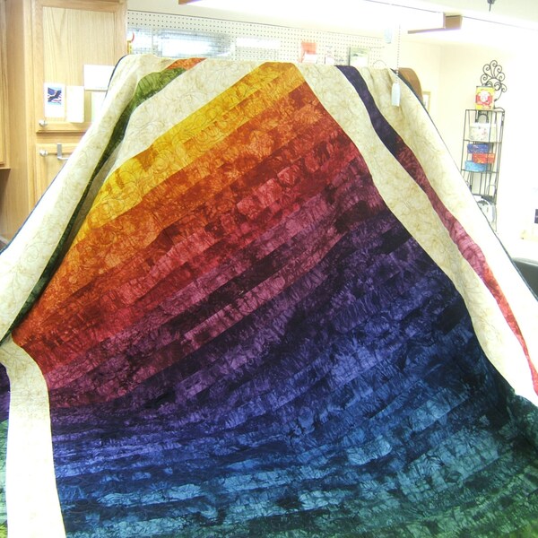 Hand Dyed Fabric Lap Quilt, Rainbow Colors, 65" x 84"
