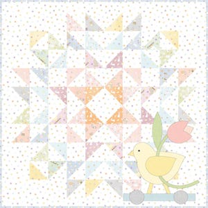 May include: A white quilt with a patchwork design featuring a variety of pastel colors and a small yellow chick with a pink tulip on wheels. The quilt is made of fabric with a white background and small polka dots.