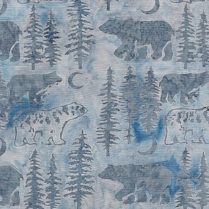 May include: A blue and white patterned fabric with a repeating design of bears and pine trees. The bears are silhouetted and the trees are stylized.