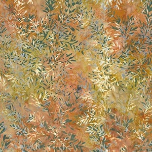 May include: A seamless fabric pattern featuring a repeating design of stylized leaves in shades of brown, green, and white on a light brown background.