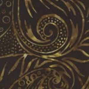 May include: A dark brown fabric featuring a metallic gold pattern of swirling lines, organic shapes, and small dots. The design consists of repeating curved motifs that create a continuous, flowing texture across the surface of the material.