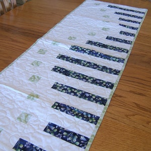 Pode incluir: Um corredor de mesa branco acolchoado com tiras de tecido com padr&atilde;o floral verde e azul. O corredor de mesa tem um design acolchoado com um padr&atilde;o floral.