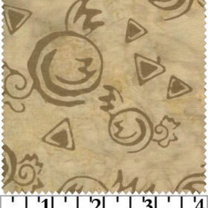 May include: Beige fabric with a repeating pattern of brown stylized circles and triangles.