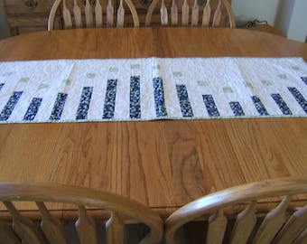 Quilted Table Runner: Blue Floral, Green Leaves, 18x53