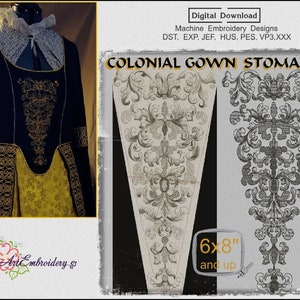 Colonial Gown Stomacher - Machine Embroidery Historical 18th  Century Blackwork design assembled and split for hoop size from 6х8&quot;