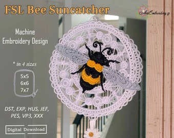 Atrapasol de abeja FSL: Diseño de encaje bordado a máquina (bastidores de 5x5, 6x6 y 7x7) (Descarga digital)