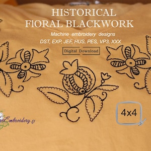 May include: A digital download of a 4x4 inch machine embroidery design featuring a historical floral blackwork pattern. The design is available in DST, EXP, JEF, HUS, PES, VP3, and XXX formats.