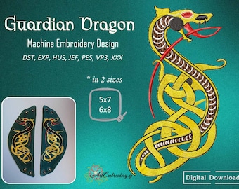 Guardian Dragon Embroidery Design: Celtic Viking Style (5x7, 6x8) (Digital Download)