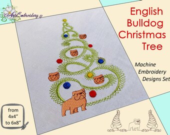 English Bulldog Christmas Tree Machine Embroidery Designs Set for hoop from 4x4", up to 6x8"