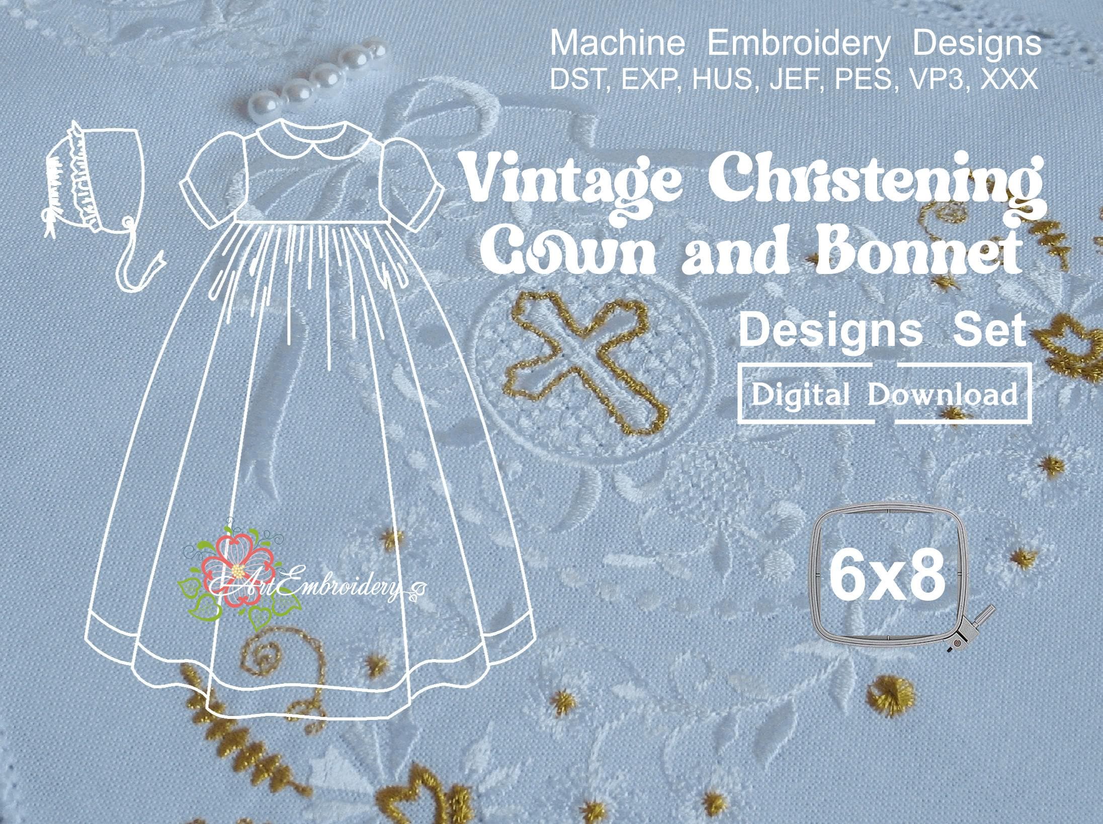 Vintage Christening Gown \u0026 Bonnet: Machine Embroidery Designs (6x8\, image size:2193x1639