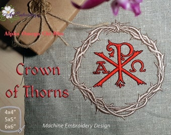 Alpha Omega ChiRho in Crown of Thorns Christian religious Symbols   Machine Embroidery Design in 3 sizes