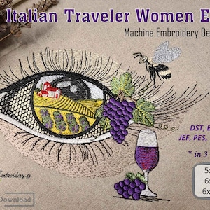 Italian Traveler Women Eye – Machine Embroidery Design in Embroidered Painting technique in 3 sizes for hoop 5x7&quot;, 6x8&quot; and 6x10&quot;