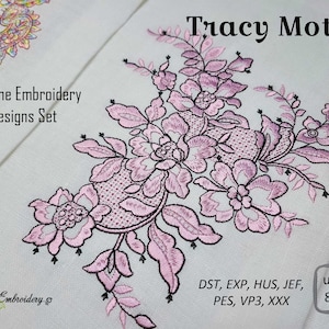 May include: A set of machine embroidery designs featuring a pink floral motif with black outlines. The designs are available in multiple formats, including DST, EXP, HUS, JEF, PES, VP3, and XXX. The designs are up to 8x10 inches in size.