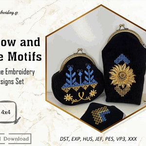 Yellow and Blue Motifs - Machine Embroidery Ukrainian Folk Designs Set for hoop 4x4&quot;