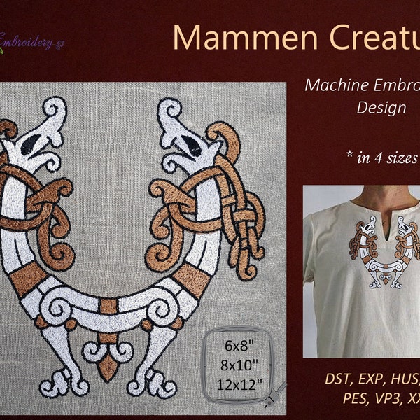 Mammen Creature , Celtic mythological creature (dragon, goat or deer) symbol in Mammen Style - Machine Embroidery Design in 4 sizes