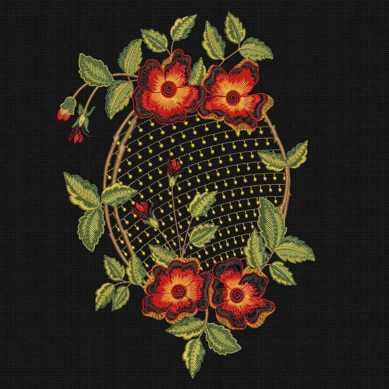 Floral Machine Embroidery Designs Set for hoop 8X10 and less Wild Roses Oval and Single Motifs
