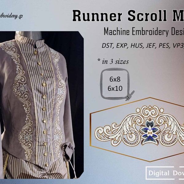 Runner Scroll Motif - Machine Embroidery Design in 3 sizes for hoop 6x8" and 6x10"