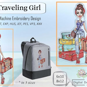 Traveling Girl - Maschinenstickerei Urlaubs Design, 2 Designs in 3 Größen zum direkten Sticken und Aufnähen, für die Stickrahmen 6x10" und 8x12"
