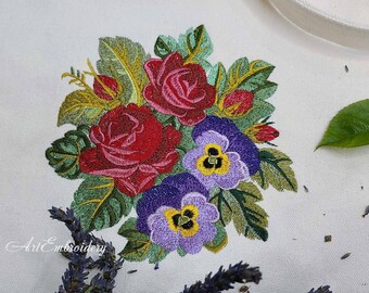 Vintage Roses and Pansies Machine Embroidery Design (digital
