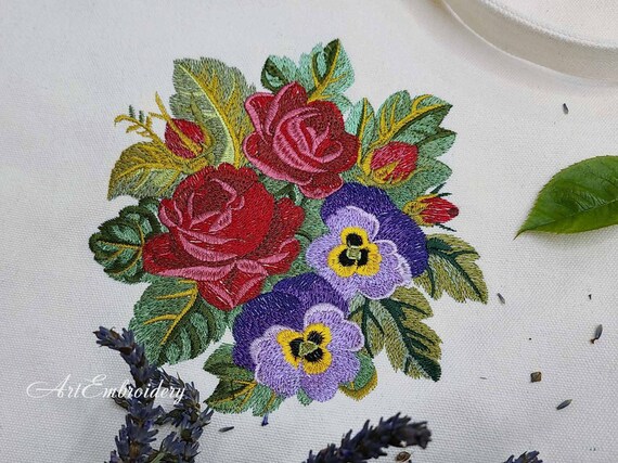 Vintage Roses and Pansies Machine Embroidery Design (digital
