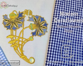 May include: Machine embroidery design of modern cornflowers in blue, green, and gold. The design is available in three sizes: 4x4, 5x5, and 6x6 inches. File formats include DST, EXP, HUS, JEF, PES, VP3, and XXX.