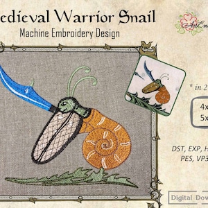 Medieval Warrior Snail - Machine Embroidery Mythical Beast Design for hoop 4x4&quot; and 5x5&quot; from Ancient illuminated manuscript bestiary.