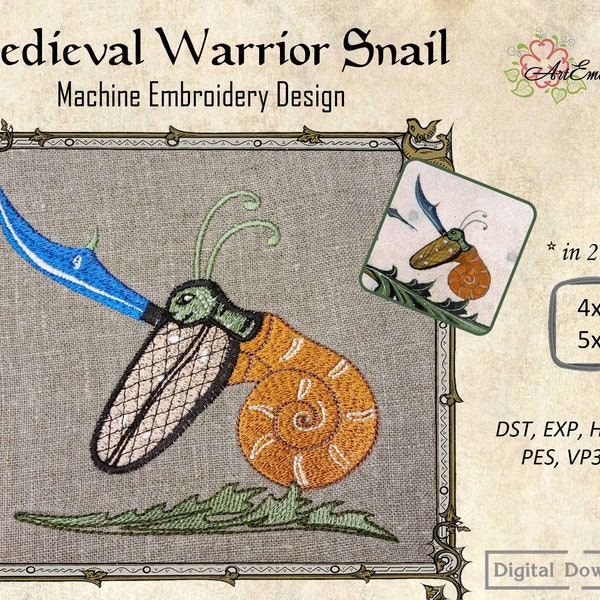 Medieval Warrior Snail - Machine Embroidery Mythical Beast Design for hoop 4x4" and 5x5" from Ancient illuminated manuscript bestiary.