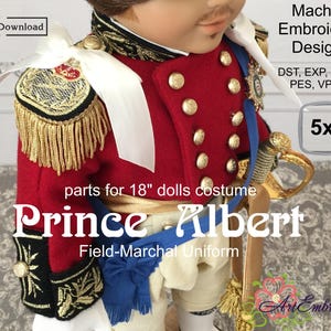 Puede incluir: Una descarga digital de diseños de bordado para un disfraz de muñeca de 45,7 cm. El diseño es para un uniforme de mariscal de campo del príncipe Alberto. El diseño está disponible en varios formatos, incluidos DST, EXP, HUS, JEF, PES, VP3 y XXX. El diseño mide 12,7 x 17,8 cm.