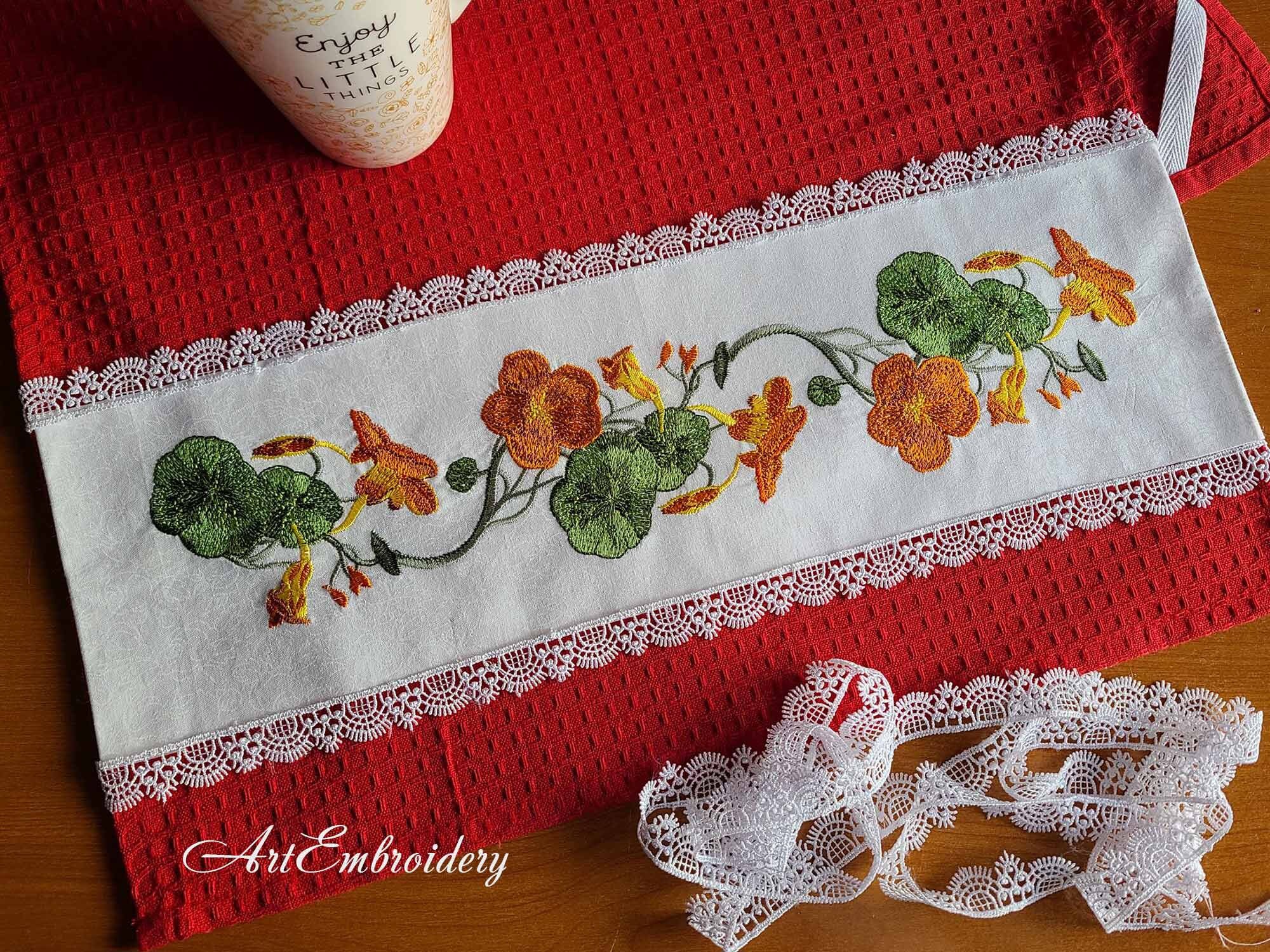 Nasturtium Wave Border Machine Embroidery Naturalistic Style  