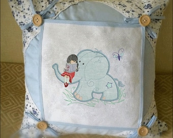 Reading Girl with Applique Elephant - Set of Two Machine Embroidery Designs of a series "Old Toy"  for hoops 5x7" for a Babies and Children