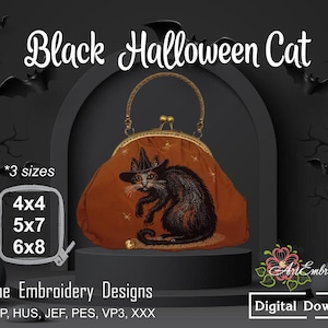 Puede incluir: Un bolso bordado naranja con un gato negro con sombrero de bruja, con el texto "Black Halloween Cat" encima. La imagen también muestra "*3 tamaños" y los tamaños 4x4, 5x7 y 6x8.