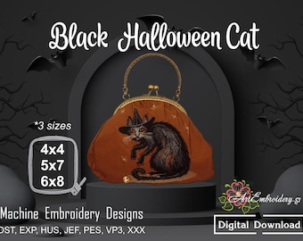 May include: An embroidered orange purse with a black cat wearing a witch hat, the text "Black Halloween Cat" is above the purse. The image also includes the text "*3 sizes" and the sizes 4x4, 5x7, and 6x8.