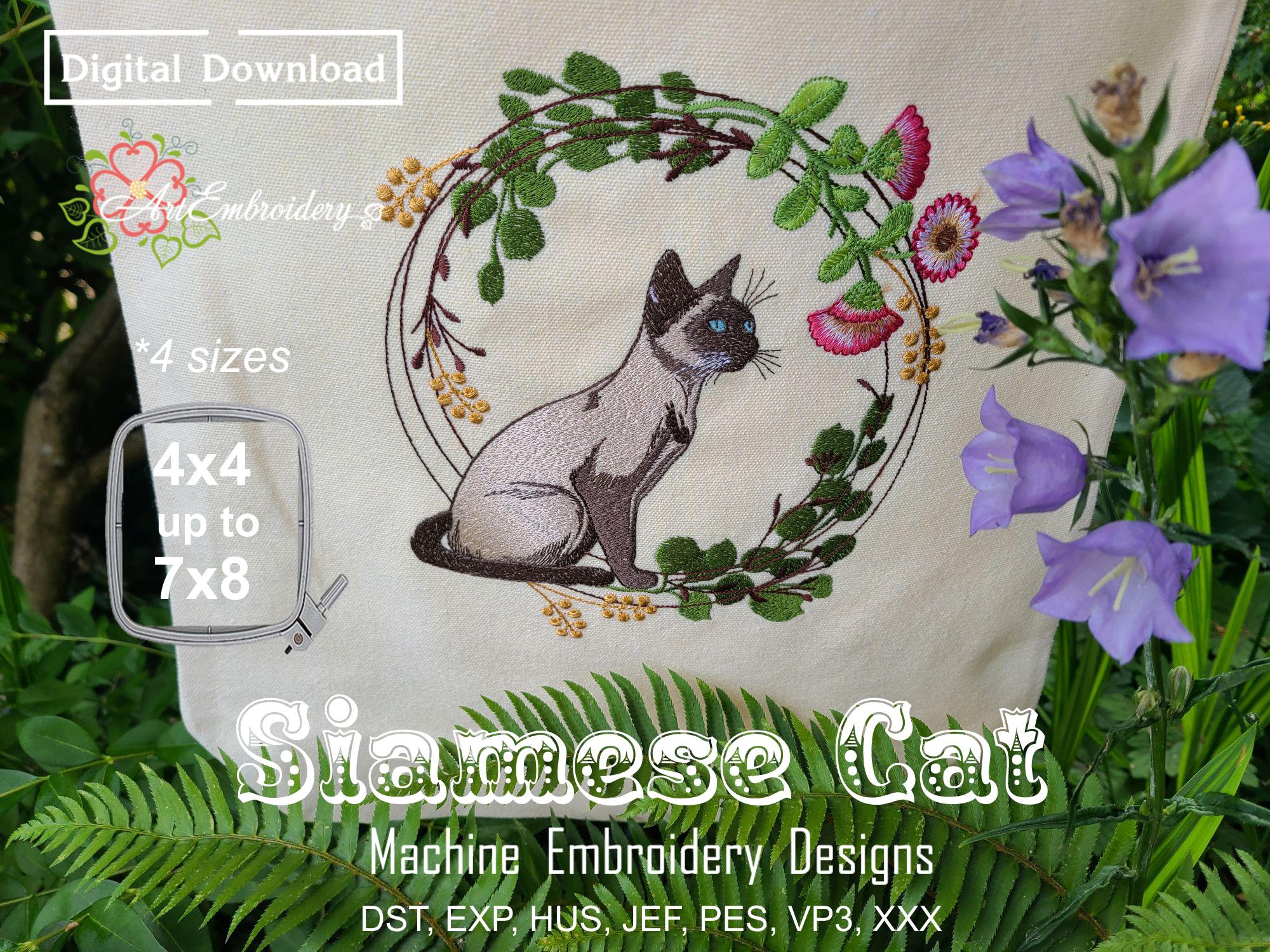 Siamese Cat Embroidery Design: Blue Eyes, Floral Wreath (4x4 to 7x8 Hoop) (Digital Download)