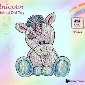 Unicorn - Patched Old Toy  Mystical Animal Machine Embroidery Design in  Cartoon  Style,  two  sizes  for  hoop 4x4 and  5x5