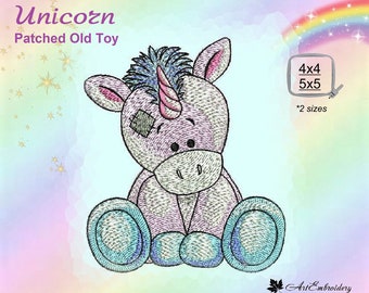 Unicorno - Vecchio giocattolo rattoppato, disegno per ricamo a macchina di animali mistici in stile cartone animato, due misure per telaio 4x4 e 5x5