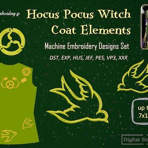 May include: A set of machine embroidery designs featuring a witch's coat elements. The designs include a triple moon symbol, a bird, and a floral motif. The designs are available in multiple formats, including DST, EXP, HUS, JEF, PES, VP3, and XXX. The designs are up to 7 inches by 12 inches in size.