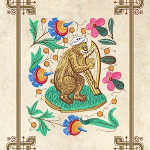 Monkey Playing Harp from the Manuscript Details - Machine Embroidery Design of Medieval art in two sizes for hoop  5x7&quot; and 6x8&quot;